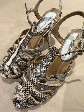 T Strap Snakeskin Italian Learher 3” Heels Sandals Paolo Lantorno Cream Sz 6